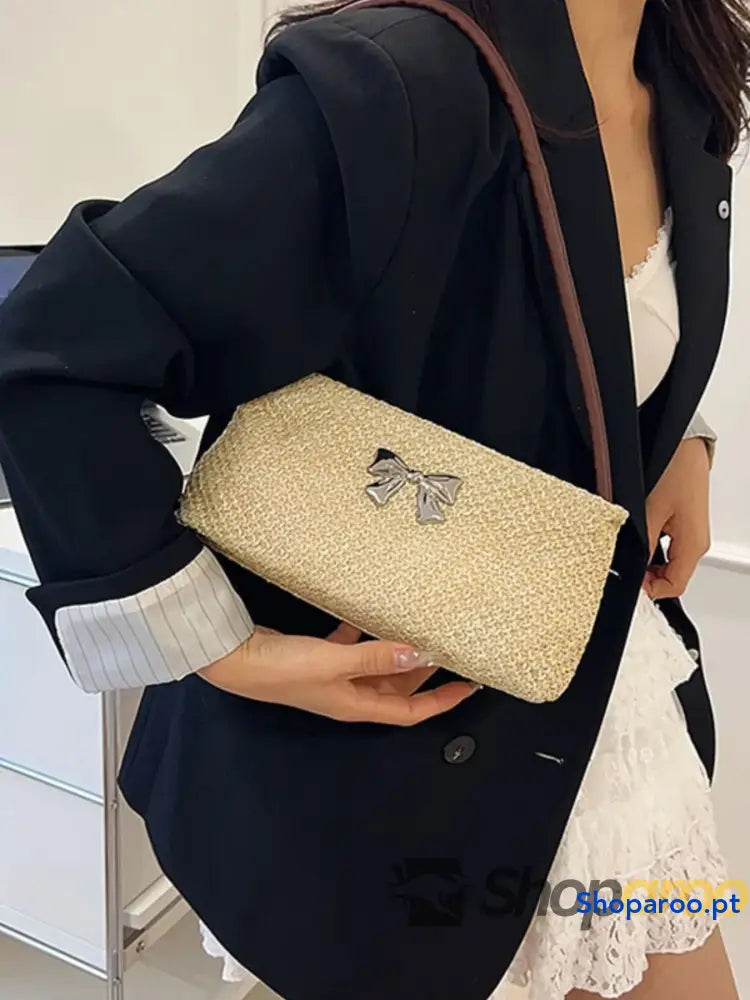 Woven Straw Shoulder Bag with Bow Detail
