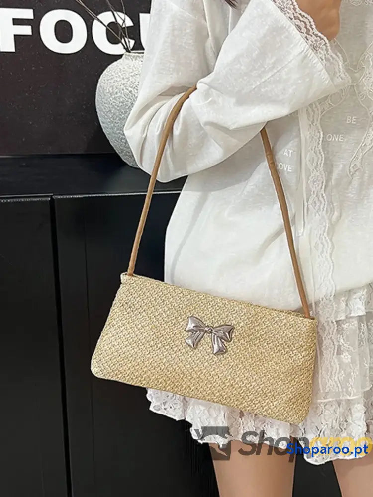 Woven Straw Shoulder Bag with Bow Detail