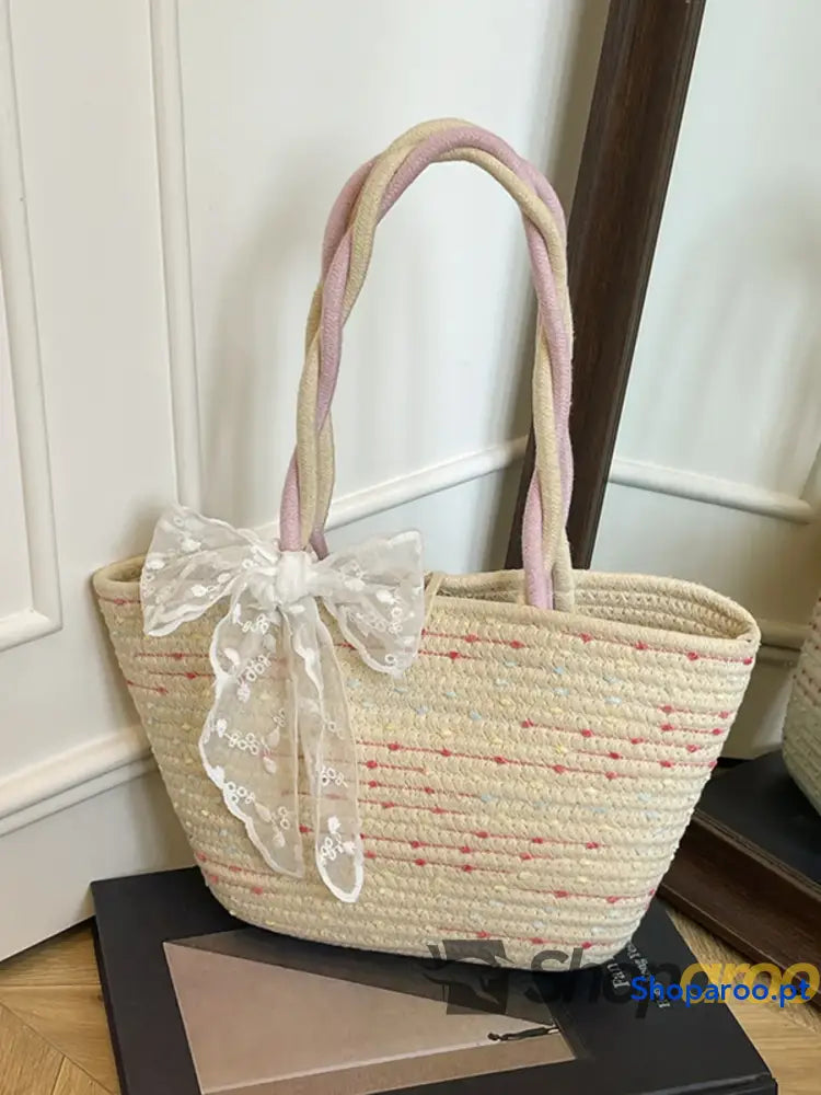 Woven Straw Shoulder Bag with Lace Bow Detail