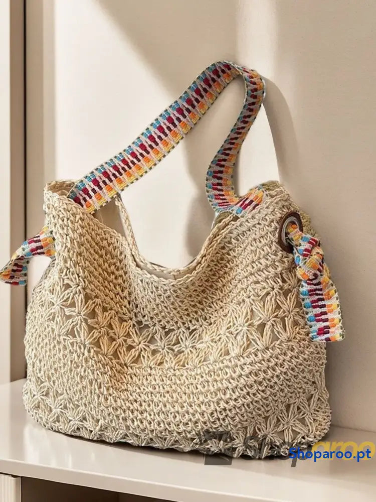 Woven Straw Shoulder Bag with Striped Handles