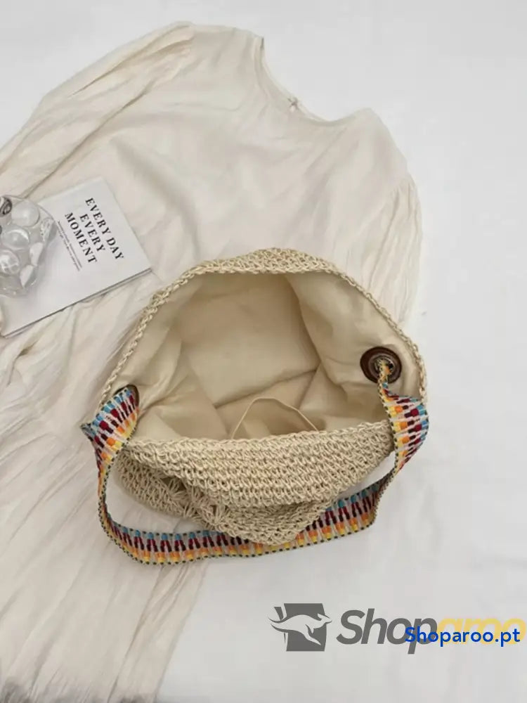 Woven Straw Shoulder Bag with Striped Handles