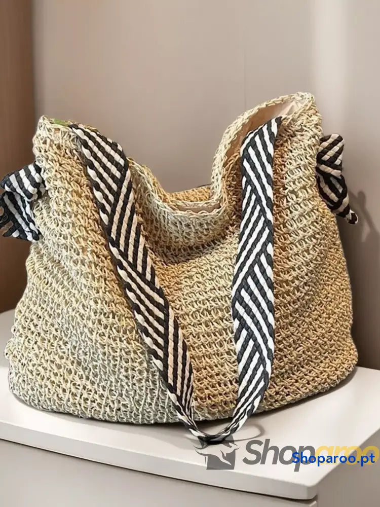 Woven Straw Shoulder Bag with Striped Handles