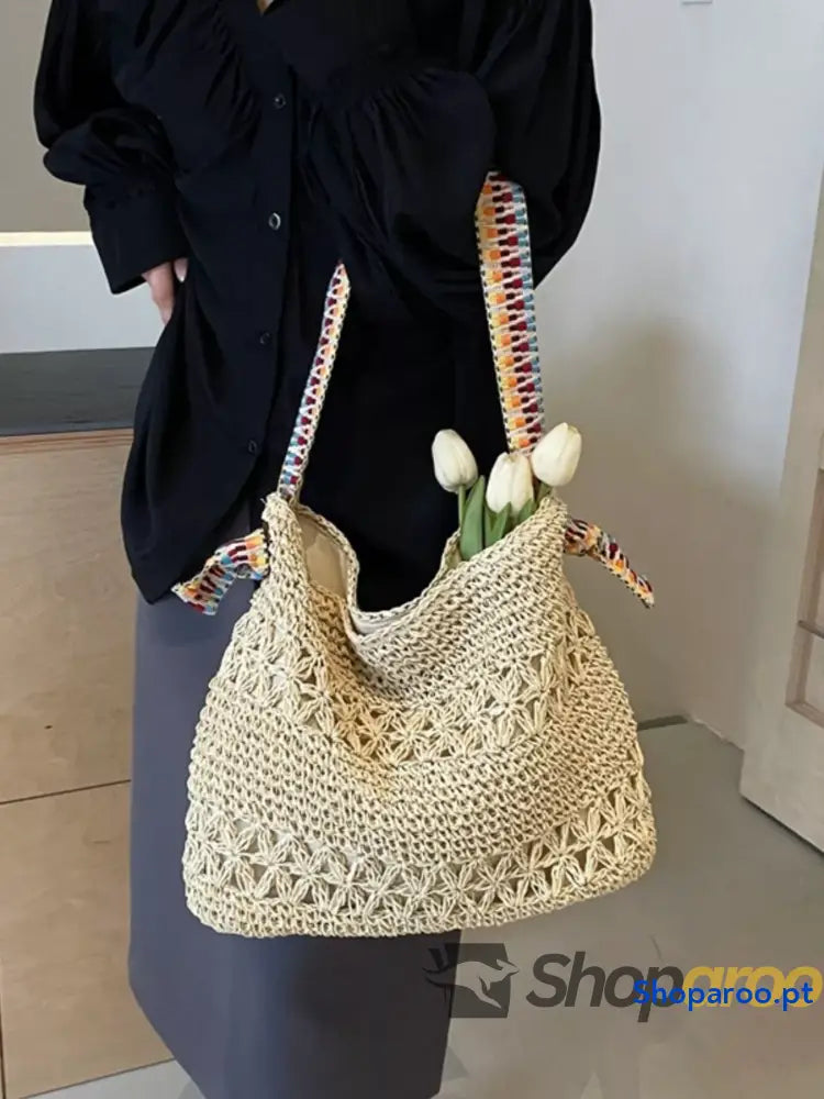Woven Straw Shoulder Bag with Striped Handles