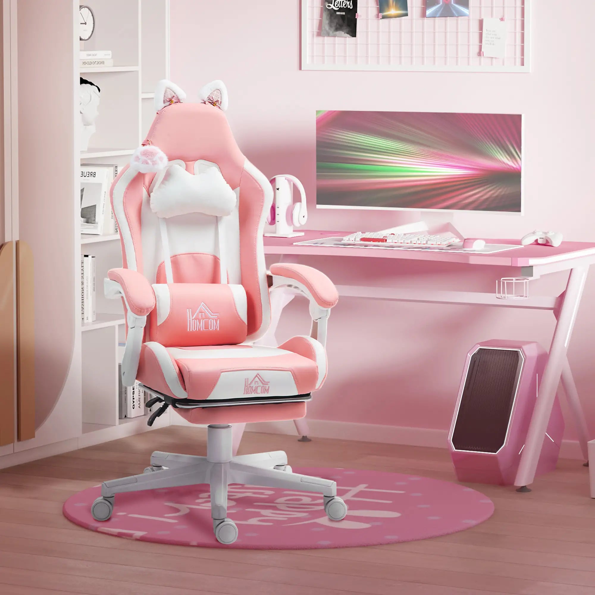 Cadeira Gaming com Orelhas Cadeira Gamer Reclinável com Altura Ajustável e Suporte Lombar 65x62x116-124 cm Rosa e Branco