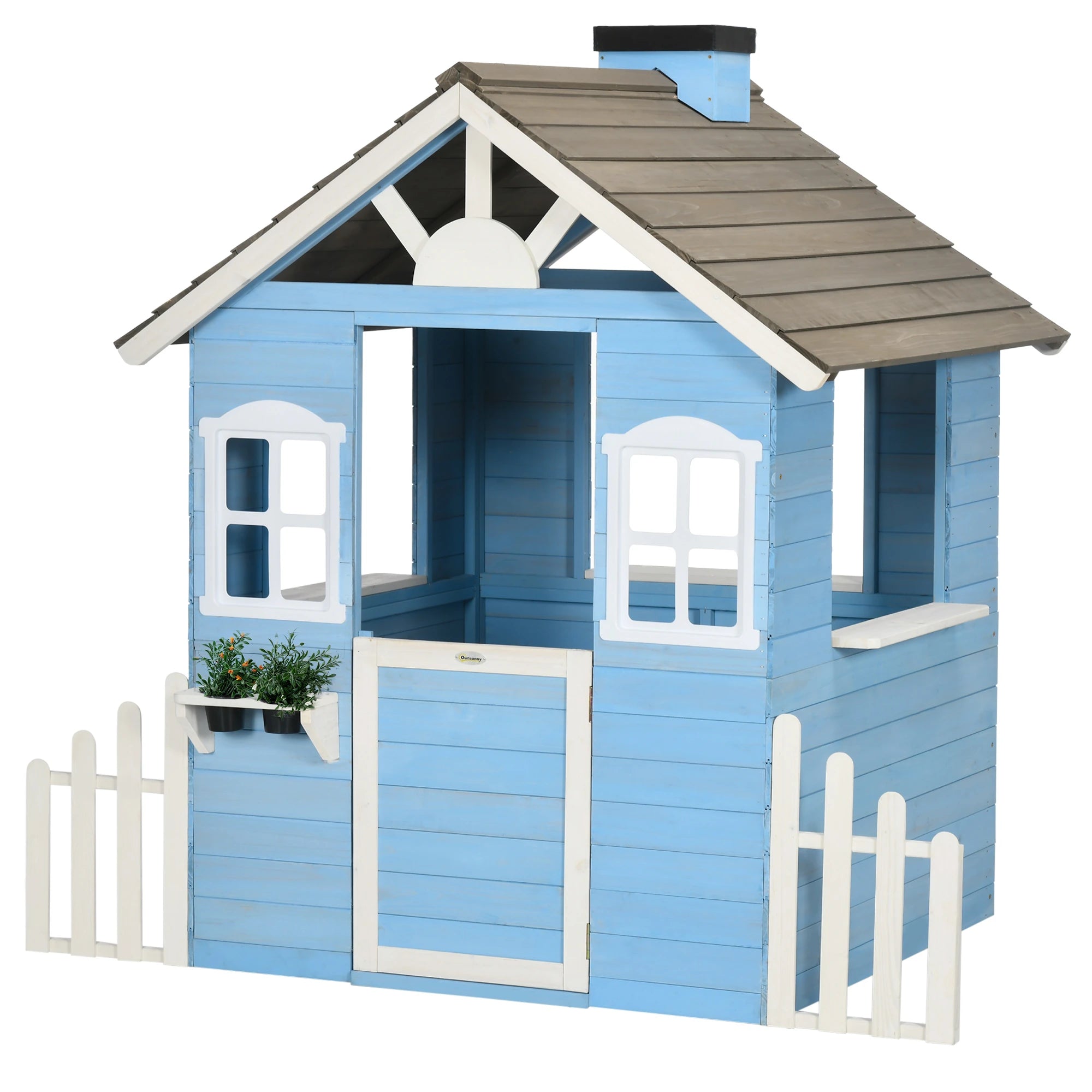 Casa de madeira para crianças azul com porta e janelas para exterior