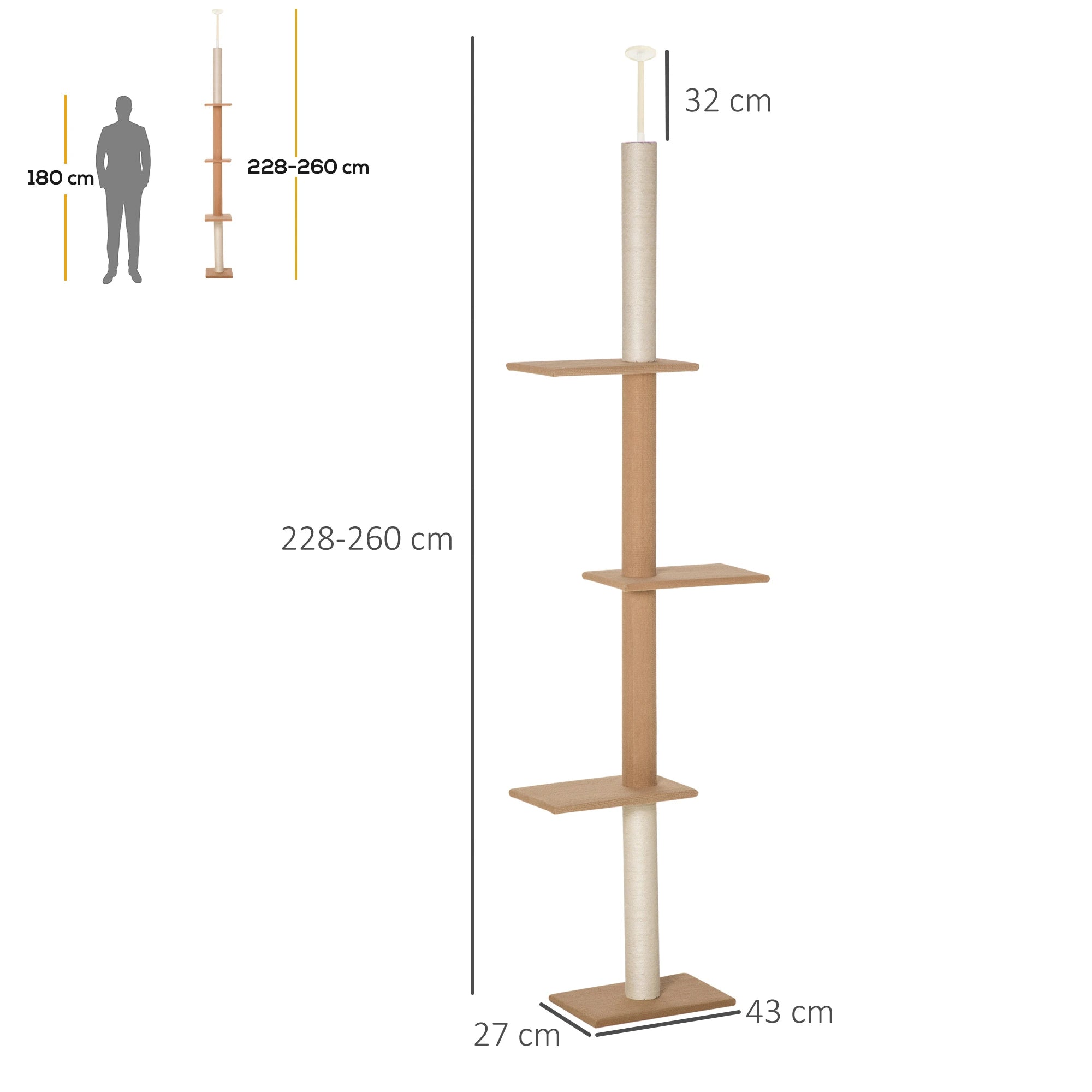 Arranhador para Gatos de Chão ao Teto 43x27x228-260 cm Castanho Claro