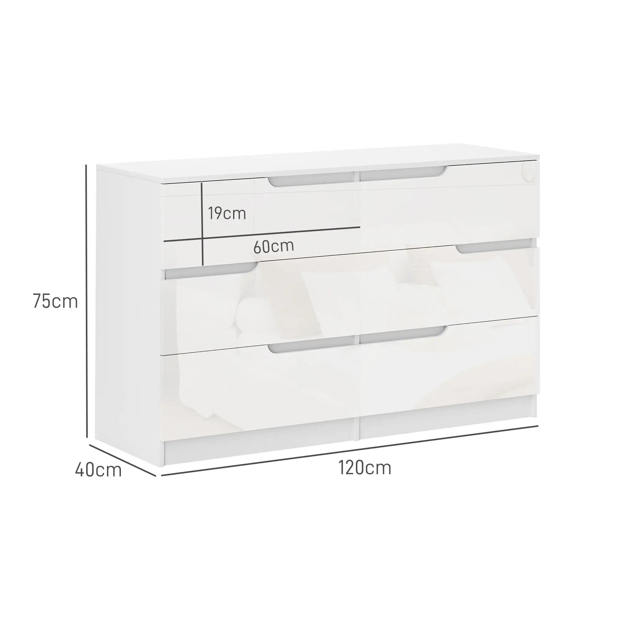 Cómoda com 6 Gavetas Cómoda de Dormitório Moderna com Sistema Anti-Tombo 120x40x75 cm Branco