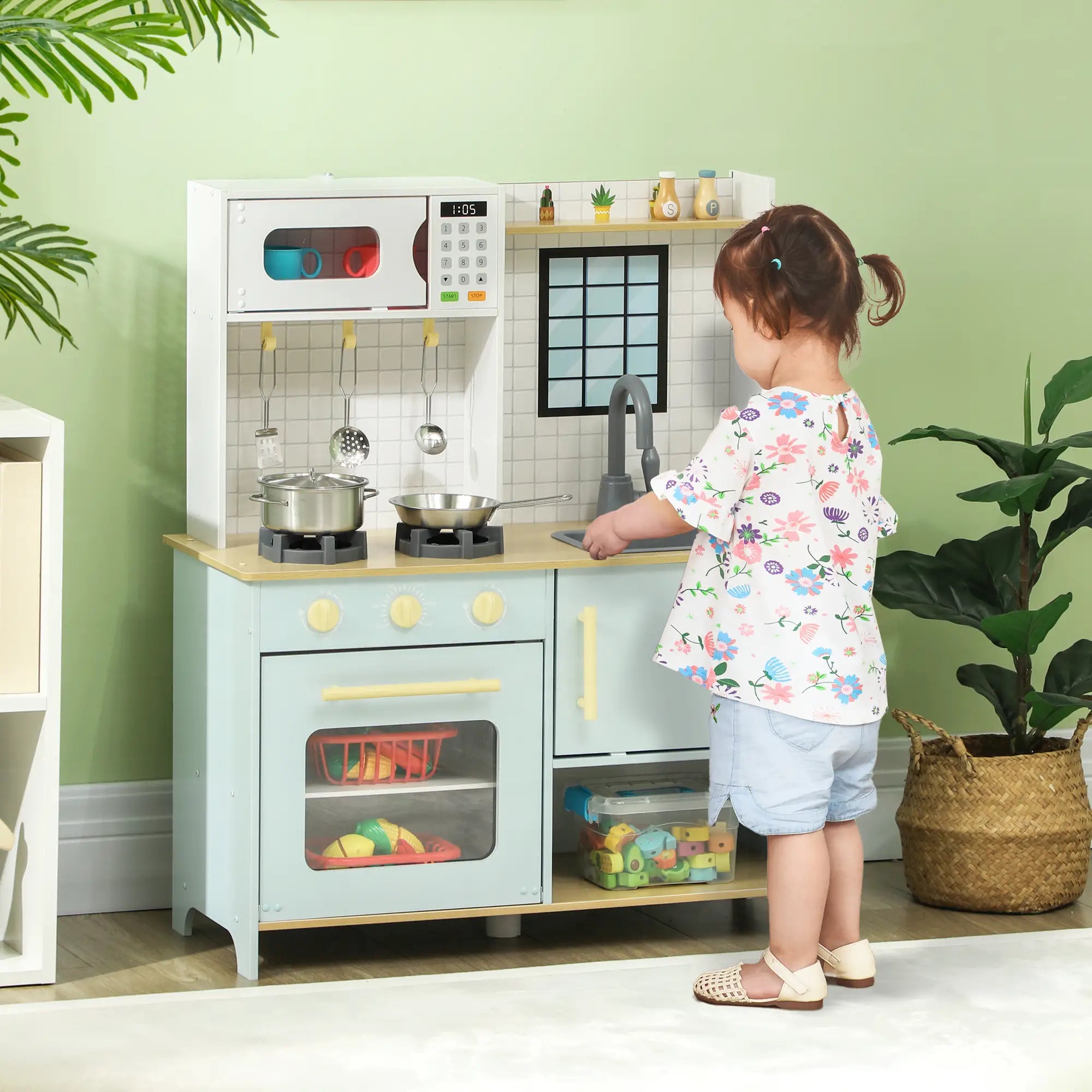 Cozinha de Madeira para Crianças Infantil com Acessórios Azul