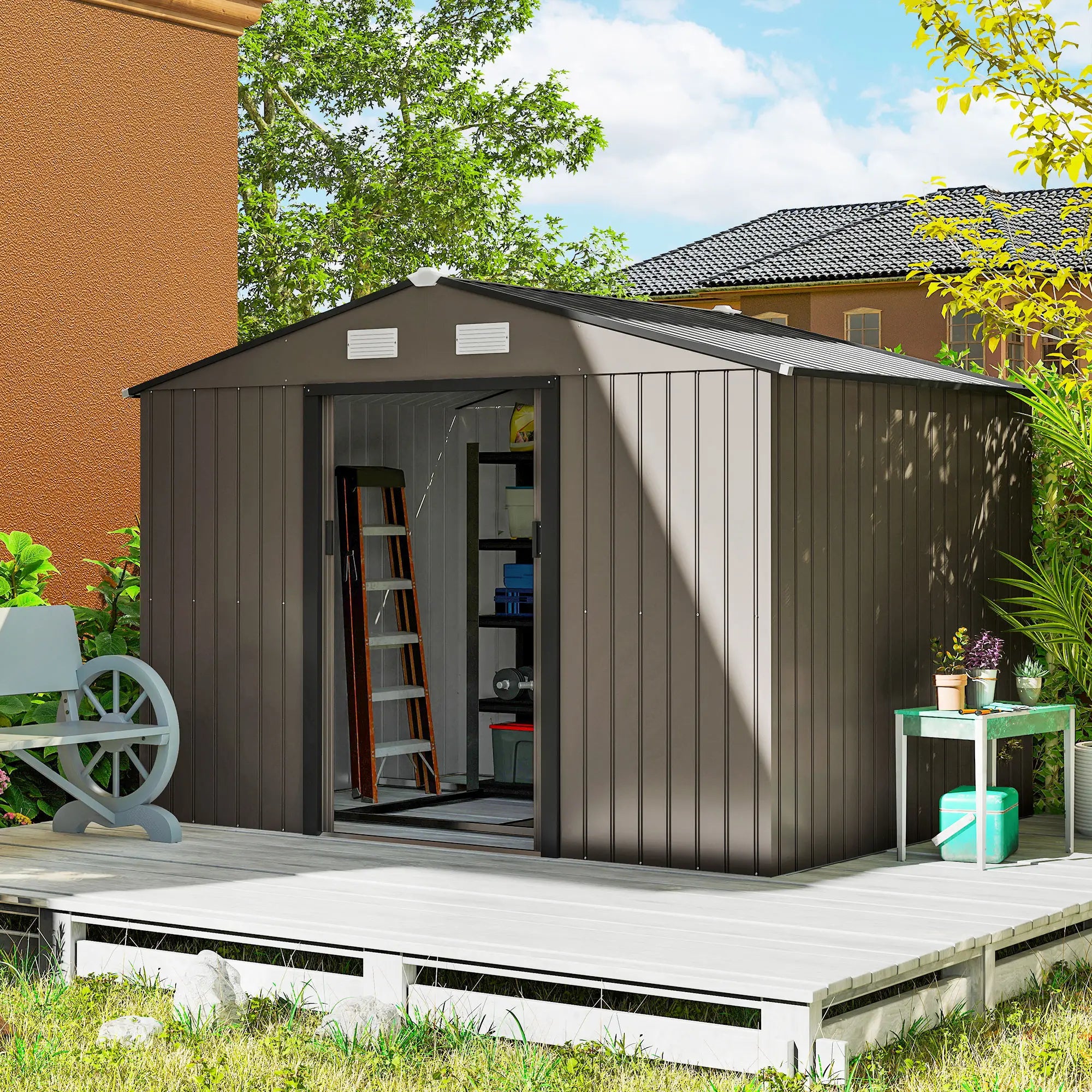 Abrigo de Jardim 277x195x192 cm Metálico para Armazenamento de Ferramentas com Base de Reforço Incluída Madeira