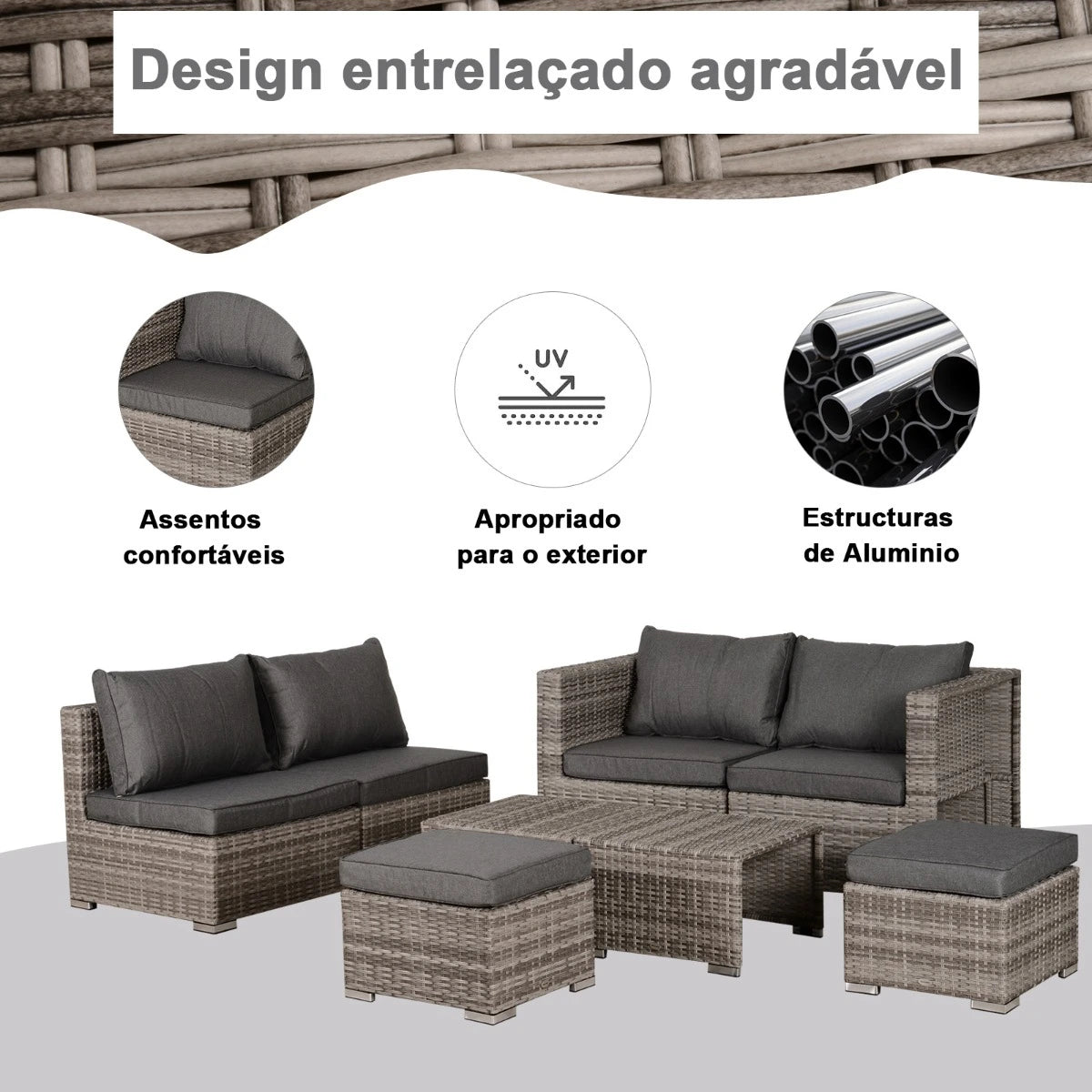 Conjunto de Jardim 8 Peças de Vime com 2 Mesas de Centro Poltronas e 2 Apoio para os Pés Marrom e Cinza