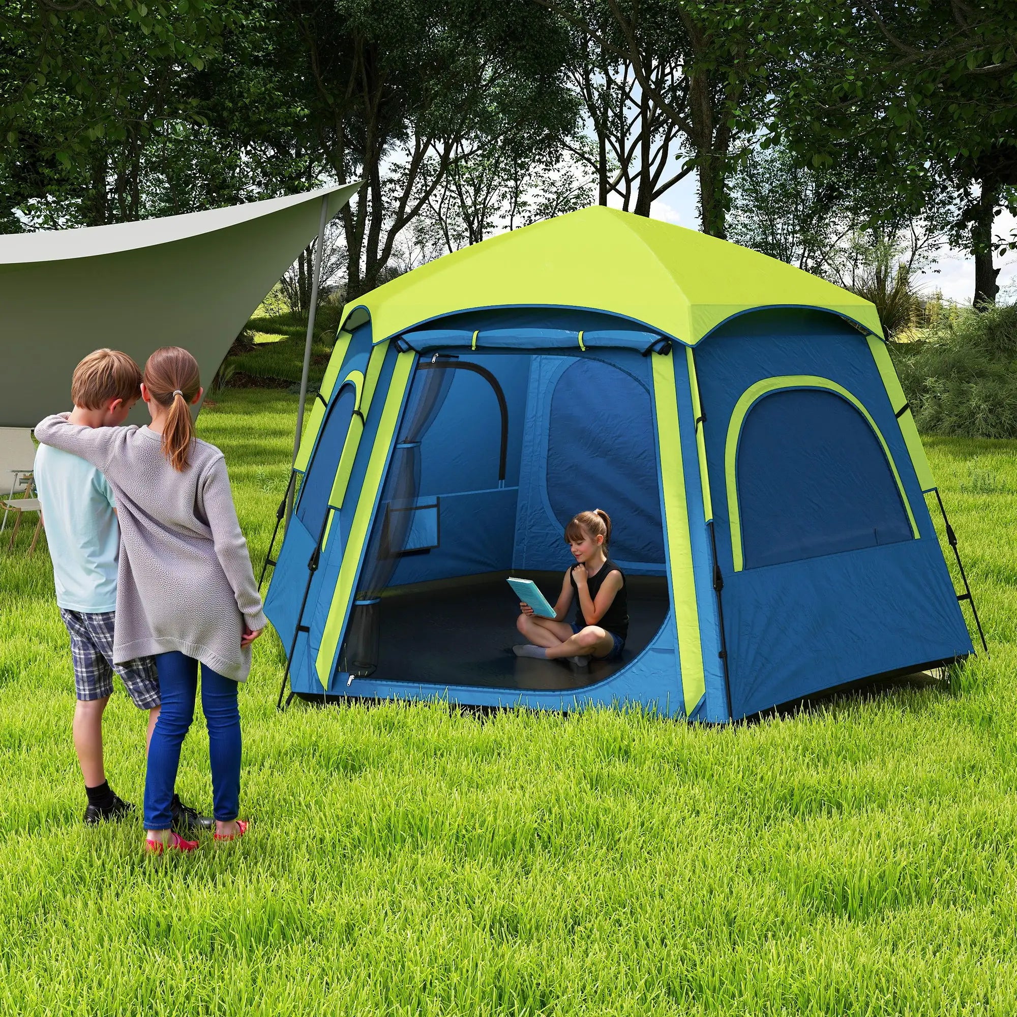 Tenda de Campismo para 2-3 Pessoas Dobrável com Fácil Instalação e Bolsa de Transporte 280x240x155 cm Azul e Verde