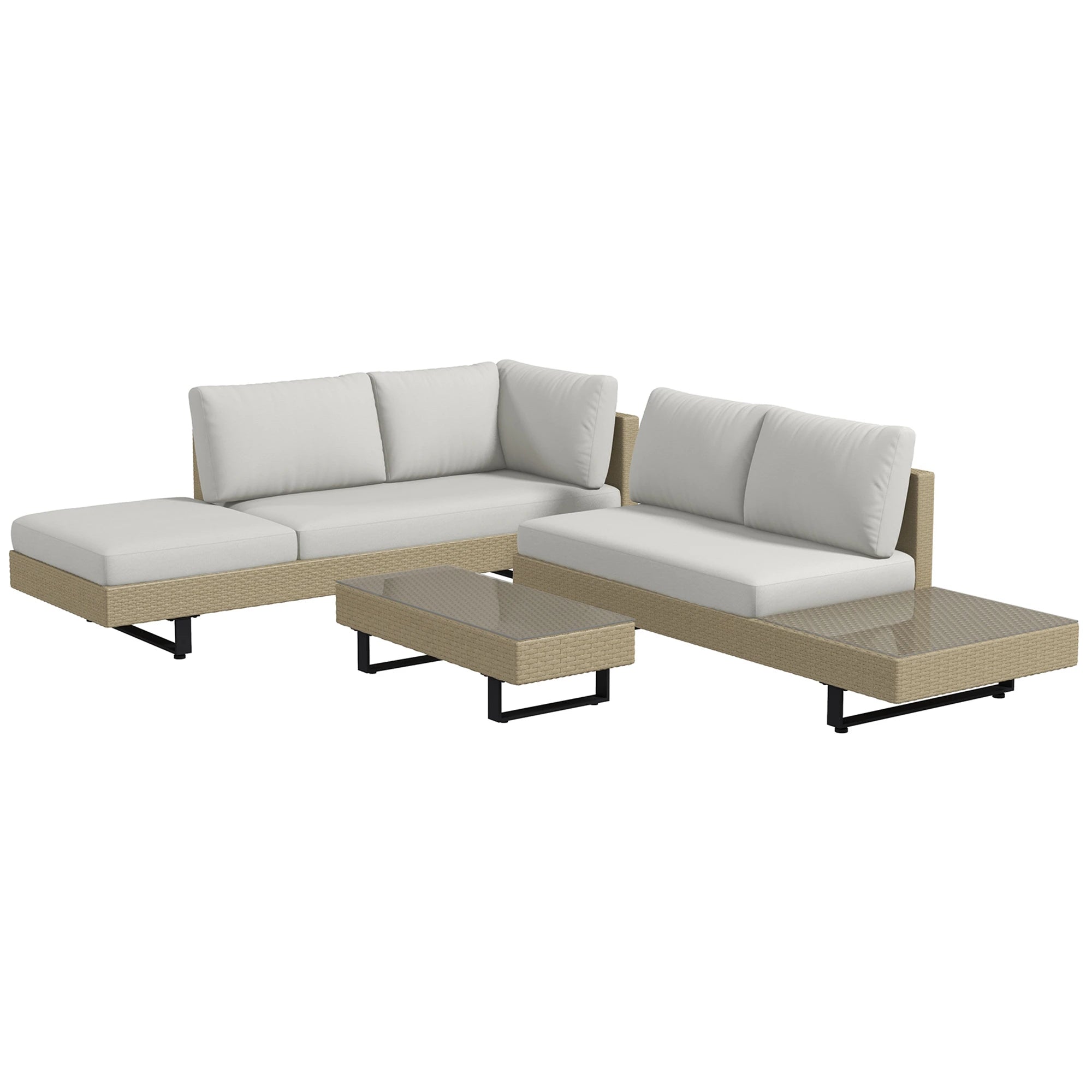 Conjunto de Móveis de Vime 3 Peças Mesa de Centro Sofá Duplo e Sofá de 3 Lugares para Terraço Jardim Pátio Bege