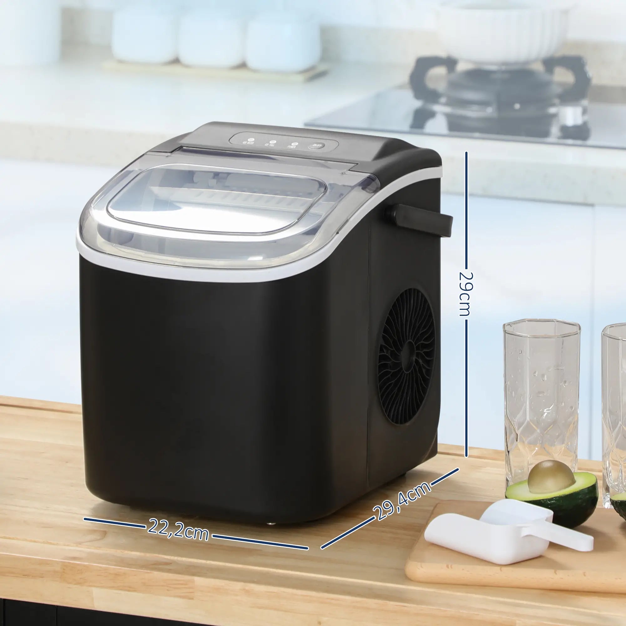 Máquina de Fazer Gelo Silenciosa 12 kg em 24 Horas 9 Cubos em 6-12 Minutos Depósito de Água 1,3 L 22,2x29,4x29 cm Preto