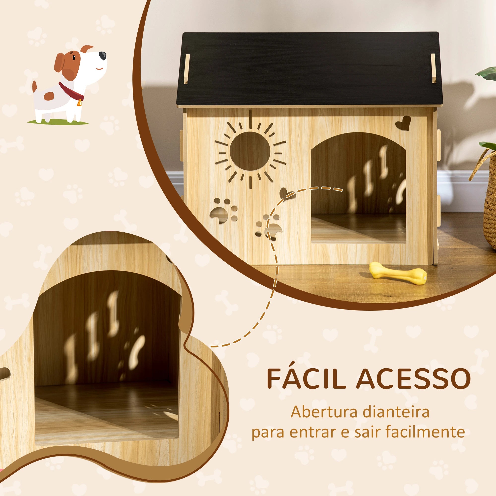 Casa de madeira para cães com porta e desenhos modernos 69x50x58,5cm