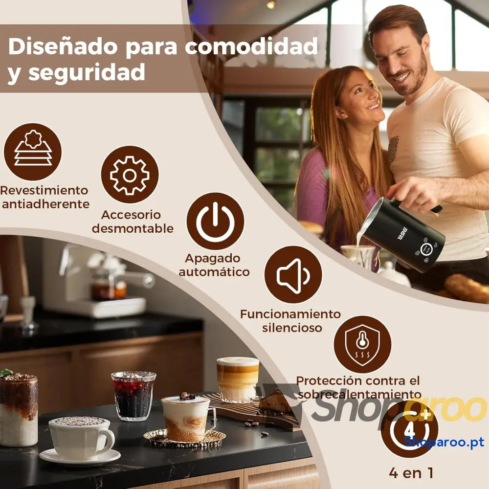 YASHE 4 em 1 Espumador e aquecedor de leite elétrico 500 W 300 ml para espuma quente / fria ideal café capuchinho latte
