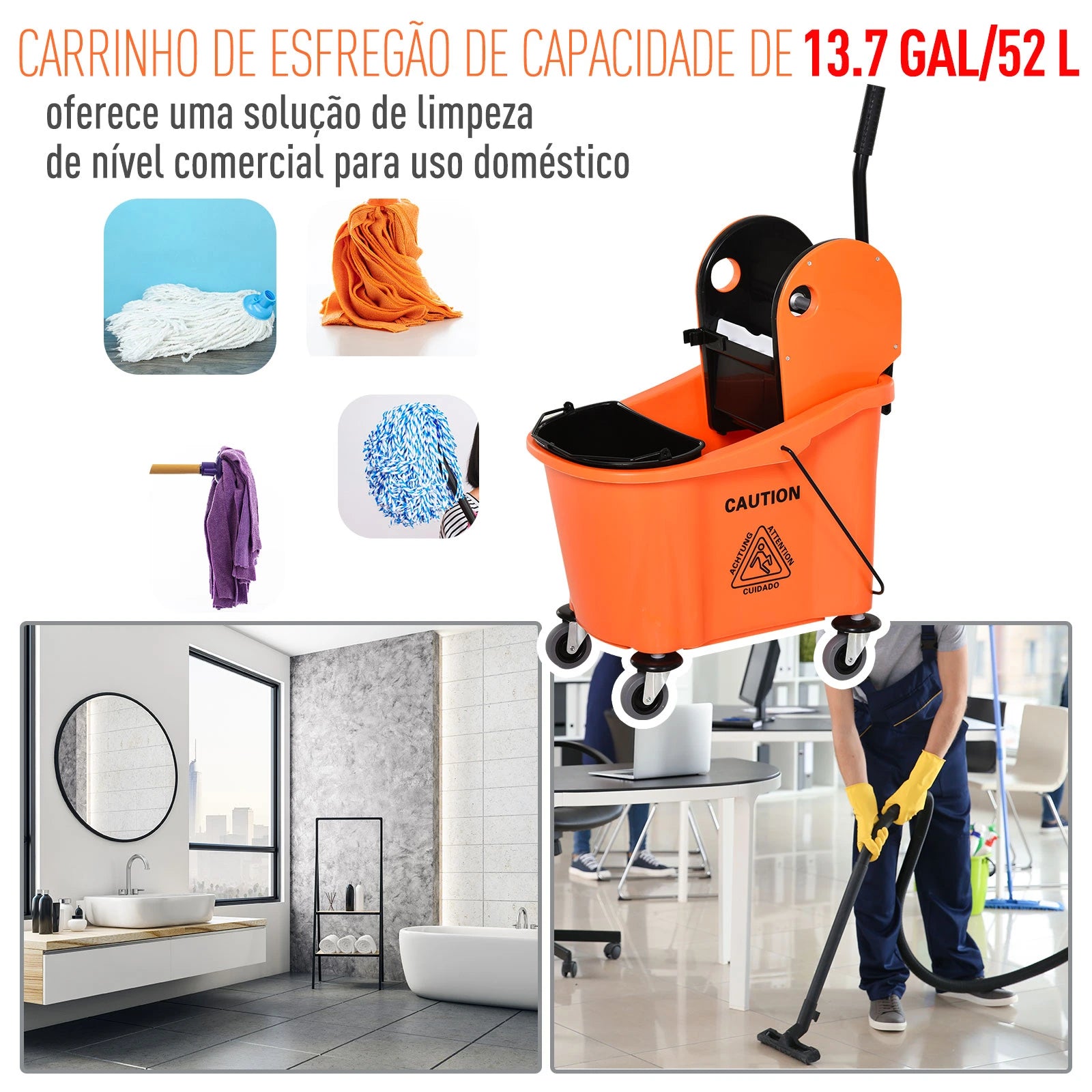 Balde para esfregona comercial com espremedor 36L laranja