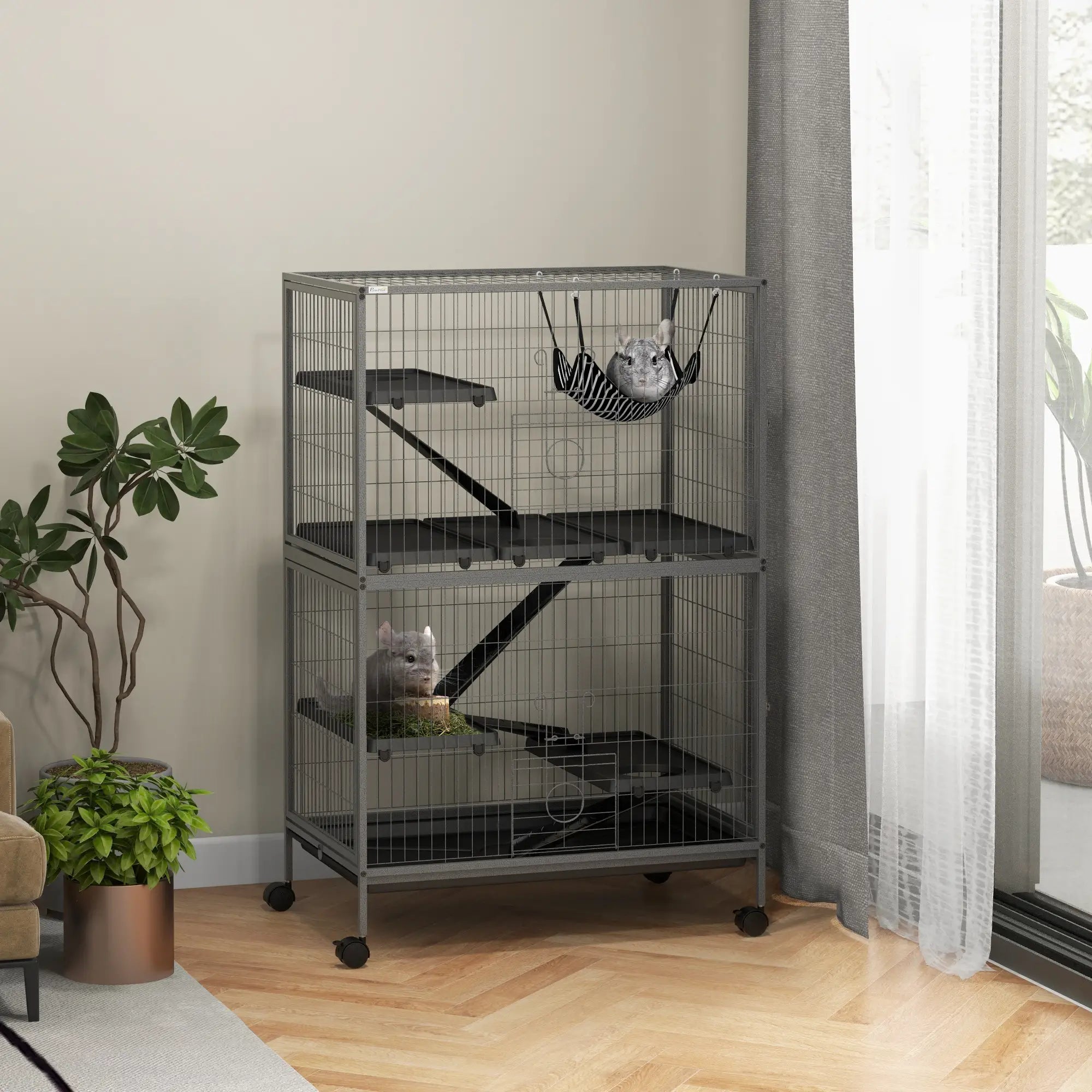 Gaiola para Roedores 80x52x128 cm com Rodas e 4 Níveis Cinza Escuro