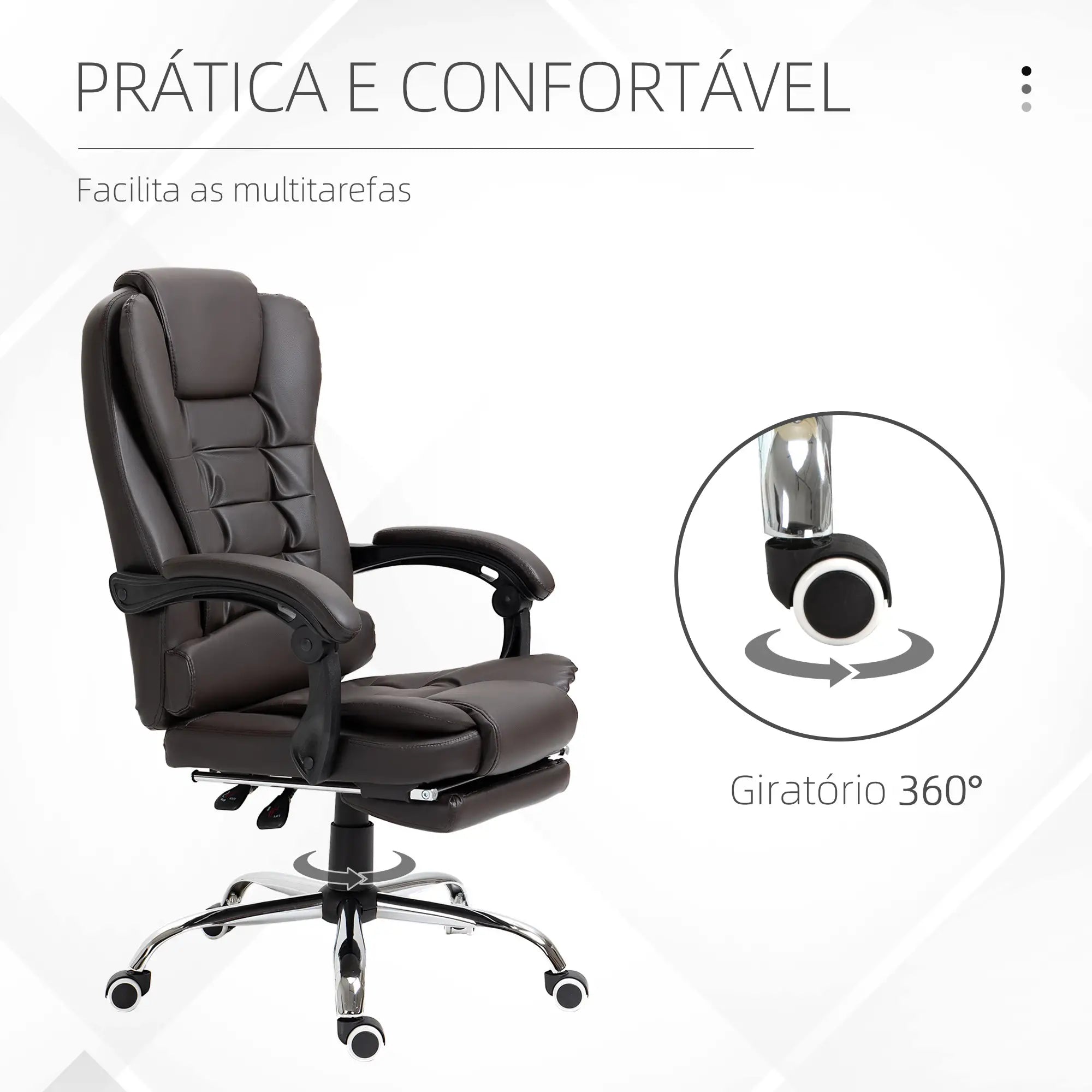 Cadeira de Escritório Reclinável Cadeira Executiva Giratória com Altura Ajustável Estofada em PU 64,5x69x109-117 cm castanha