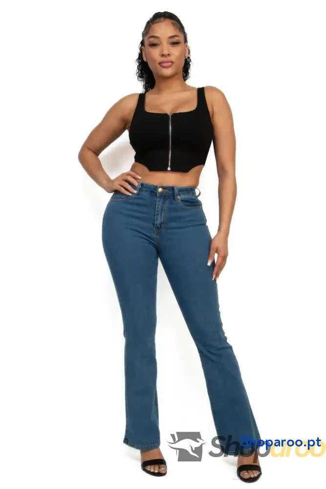 Crop top com decote quadrado e fecho frontal em tecido flexível