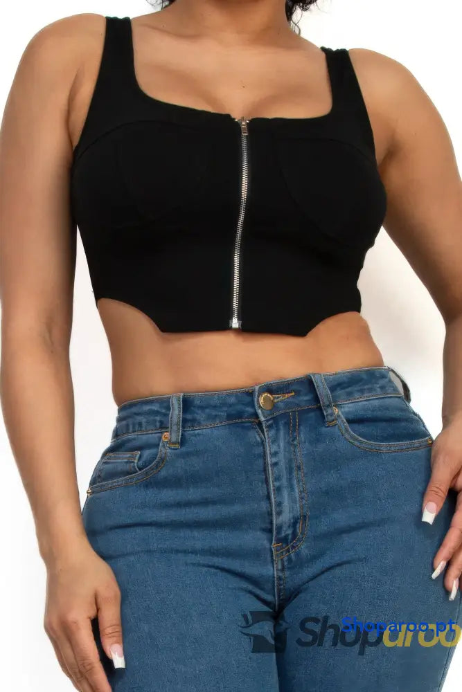 Crop top com decote quadrado e fecho frontal em tecido flexível