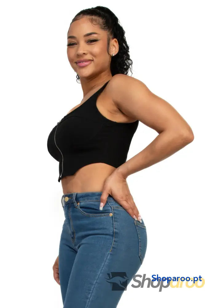 Crop top com decote quadrado e fecho frontal em tecido flexível