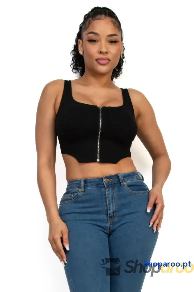 Crop top com decote quadrado e fecho frontal em tecido flexível