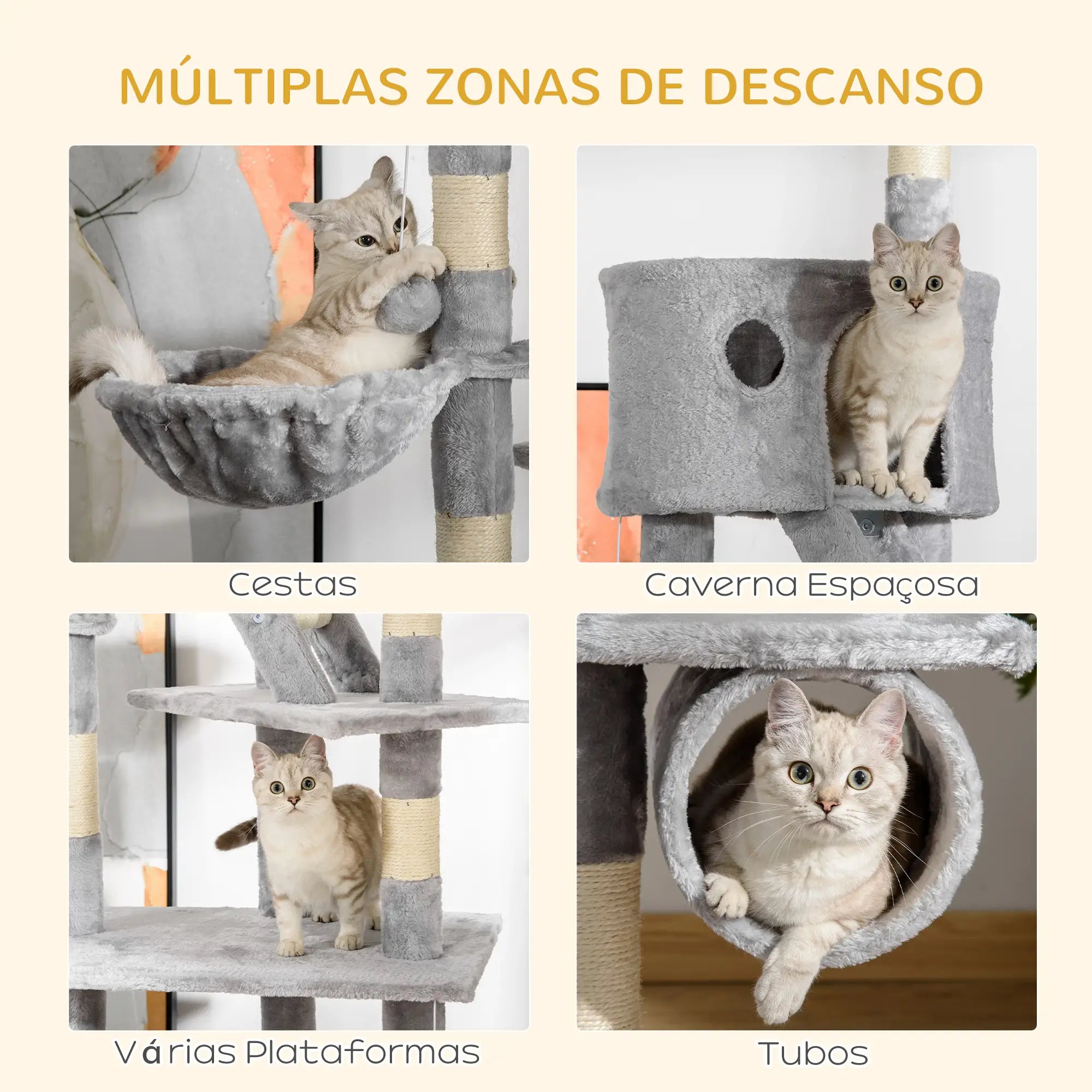 Arranhador para Gatos do Chão ao Teto de 240-260 cm com Altura Ajustável Múltiplas Plataformas Caverna e Rampas Cinza