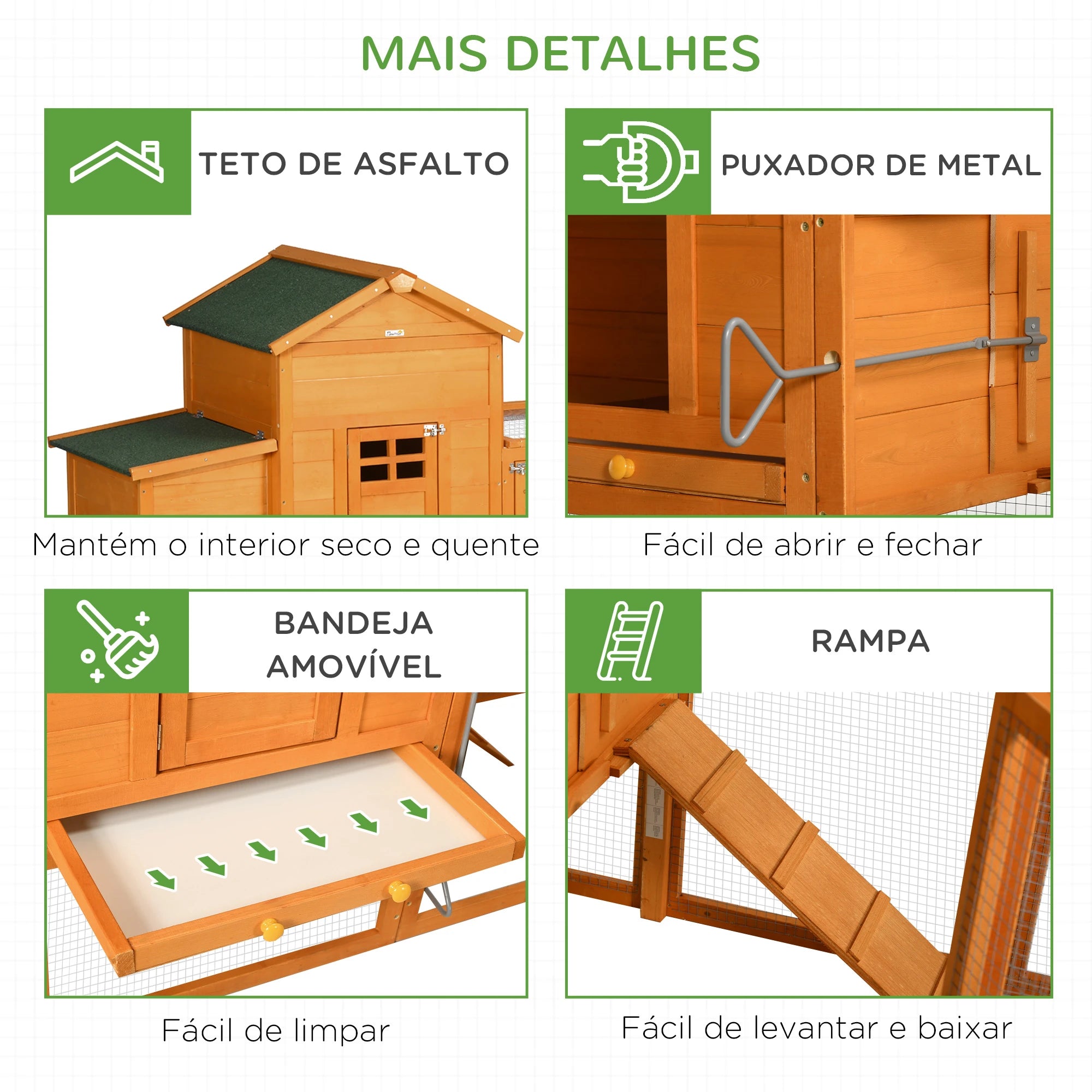 Galinheiro de Madeira para 3-6 Galinhas com Teto Asfáltico Porta com Trava Bandeja Amovível e Rampa 297,5x68x118cm Madeira